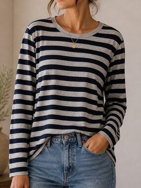 Vince Pima cotton navy grey striped long sleeve crew neck t shirt size m
